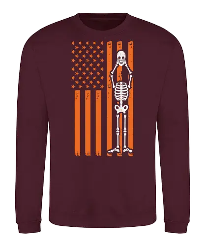 Skeleton and American flag - skeleton, american flag, orange, brown, stars and stripes, contrast, design, integration, bold, unique - Sweatshirt