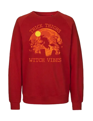 Thick Thighs Witch Vibes - halloween, witch, moon, broomstick, graveyard, silhouette, spooky, trees, quote, night - Fairtrade Sweatshirt