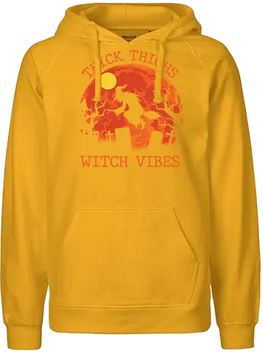 Thick Thighs Witch Vibes - halloween, witch, moon, broomstick, graveyard, silhouette, spooky, trees, quote, night - Fairtrade Hoodie