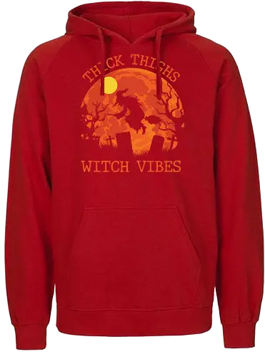 Thick Thighs Witch Vibes - halloween, witch, moon, broomstick, graveyard, silhouette, spooky, trees, quote, night - Fairtrade Hoodie