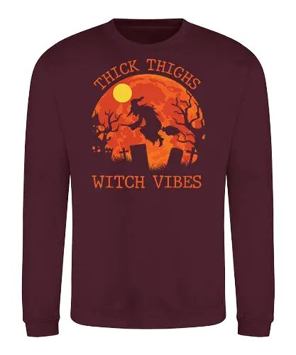 Thick Thighs Witch Vibes - halloween, witch, moon, broomstick, graveyard, silhouette, spooky, trees, quote, night - Sweatshirt
