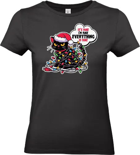 It's fine I'm fine everything is fine - cat, christmas, santa hat, lights, tangled, humorous, holiday, speech bubble, colorful - Standard T-Shirt (Women)