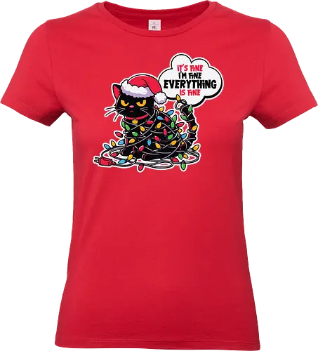 It's fine I'm fine everything is fine - cat, christmas, santa hat, lights, tangled, humorous, holiday, speech bubble, colorful - Standard T-Shirt (Women)