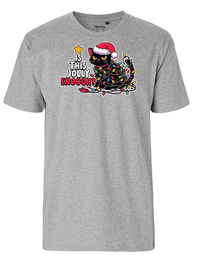 Is this jolly enough? - cat, christmas, lights, santa hat, humor, holiday, decoration, tangled, festive, jolly - Fairtrade T-Shirt