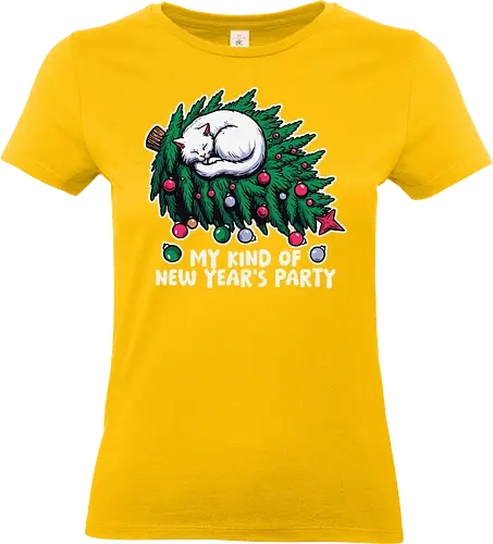My kind of New Year's party - cat, christmas tree, holiday, sleeping, new year's, party, ornaments, humor, cozy, festive - Standard T-Shirt (Women)