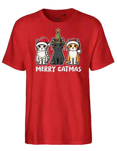 Merry Catmas - cats, christmas, santa hats, holiday, cute, festive, humor, celebration, merry catmas - Fairtrade T-Shirt