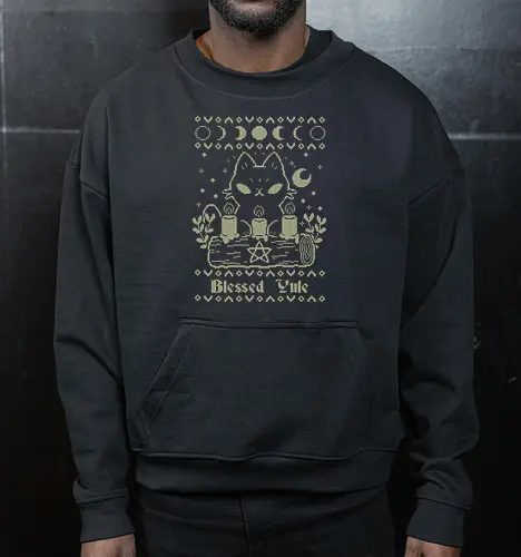 Blessed Yule Black Cat UGLY CHRISTMAS - ugly Christmas sweater, yule, black cat, christmas, witch, moon - Cropped Sweatshirt