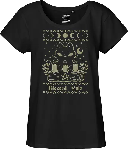Blessed Yule Black Cat UGLY CHRISTMAS - ugly Christmas sweater, yule, black cat, christmas, witch, moon - Fairtrade Girl Shirt