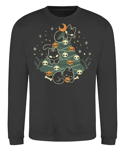 Halloween Christmas Tree with Black Cats - christmas, christmas tree, black cat, halloween, spooky, cute, skull - Sweatshirt