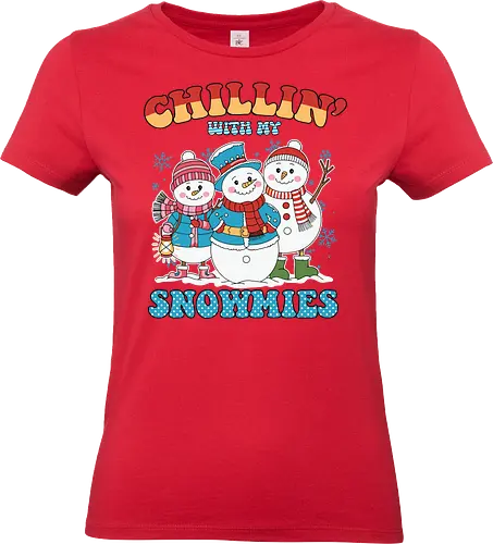 Chillin' with my Snowmies - snowmen, winter, scarves, hats, mittens, snowflakes, cheerful, colorful, clothing - Standard T-Shirt (Women)