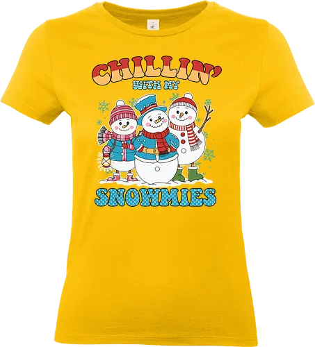 Chillin' with my Snowmies - snowmen, winter, scarves, hats, mittens, snowflakes, cheerful, colorful, clothing - Standard T-Shirt (Women)