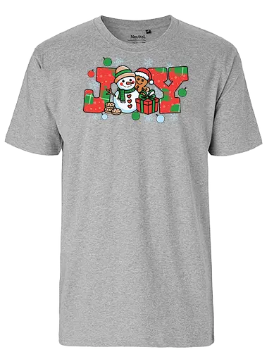 JOY - snowman, gingerbread, joy, holiday, christmas, snowflakes, gifts, decorations, festive, ornaments - Fairtrade T-Shirt