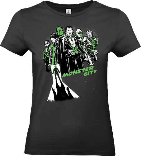 Monster City - Classic Horror, Horror, Horror Movies, Monsters, Monster, Classic, Sin City, Universal, Bride Of Frankenstein, Frankenstein, Dracula Movie, Dracula, Count Dracula, Vampire, Zombie, Mummy, Creature From The Black Lagoon, An American Werewolf In London, Werewolf, Halloween, Scary, Spooky, Spooky Season, Creepy - Standard T-Shirt (Women)