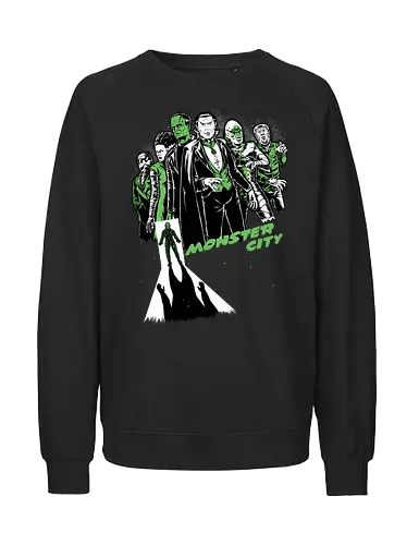 Monster City - Classic Horror, Horror, Horror Movies, Monsters, Monster, Classic, Sin City, Universal, Bride Of Frankenstein, Frankenstein, Dracula Movie, Dracula, Count Dracula, Vampire, Zombie, Mummy, Creature From The Black Lagoon, An American Werewolf In London, Werewolf, Halloween, Scary, Spooky, Spooky Season, Creepy - Fairtrade Sweatshirt