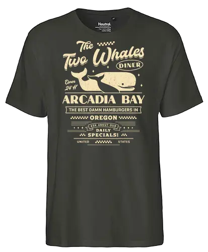 The Two Whales Diner Emblem - life, strange, Chloe, Max, rachel, arcadia, bay, butterfly, before the storm, video game, gaming, gamer, rocky mountain record traders, the black lantern, haven springs - Fairtrade T-Shirt