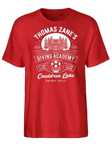 Cauldron Lake Diving Academy - alan, video game, video games, gaming, gamer, control, american nightmare, deer fest, oh deer diner, coffee thermos, cauldron, lake, night, springs, wake - Fairtrade T-Shirt