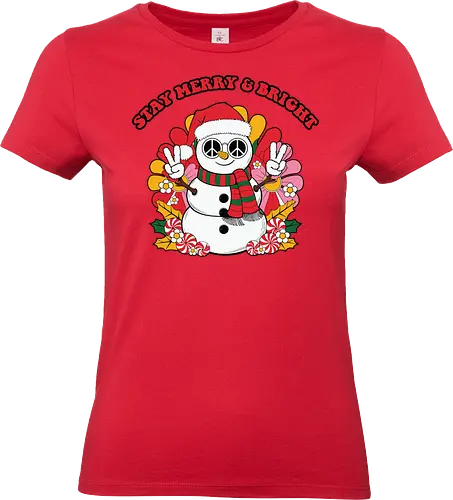 Stay Merry & Bright - snowman, christmas, peace sign, santa hat, scarf, flowers, cheerful, festive, merry, bright - Standard T-Shirt (Women)