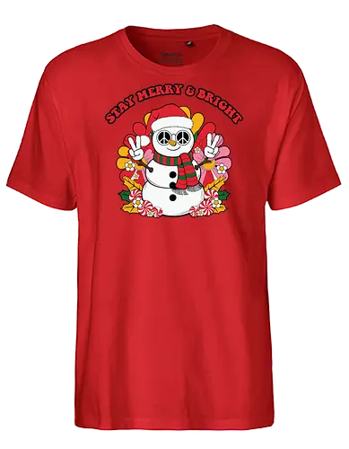 Stay Merry & Bright - snowman, christmas, peace sign, santa hat, scarf, flowers, cheerful, festive, merry, bright - Fairtrade T-Shirt