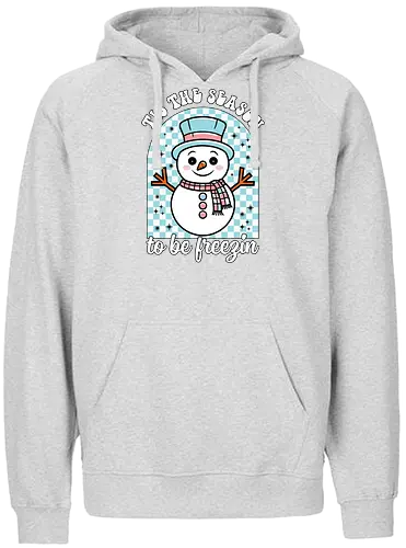 Tis the Season to be Freezin - snowman, winter, festive, scarf, hat, stars, checkered, cold, holiday, cheerful - Fairtrade Hoodie