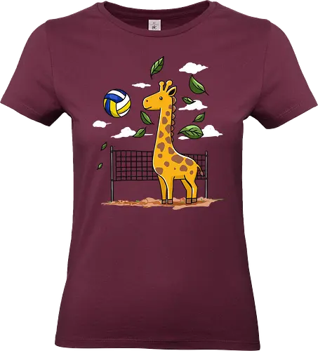 Giraffe Playing Volleyball - giraffe, volleyball, leaves, net, ball, fun, animal, playful, nature, drawing - Standard T-Shirt (Women)