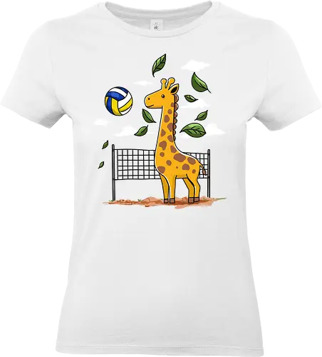Giraffe Playing Volleyball - giraffe, volleyball, leaves, net, ball, fun, animal, playful, nature, drawing - Standard T-Shirt (Women)