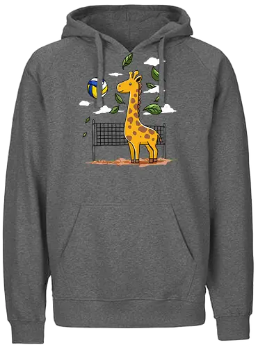 Giraffe Playing Volleyball - giraffe, volleyball, leaves, net, ball, fun, animal, playful, nature, drawing - Fairtrade Hoodie