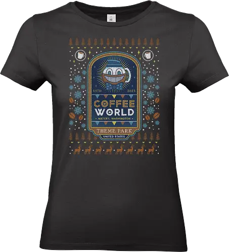 Watery Coffee World Ugly Sweater - alan, video game, video games, gaming, gamer, control, american nightmare, deer fest, oh deer diner, coffee thermos, cauldron, lake, night, springs, wake, christmas, ugly christmas sweater, xmas - Standard T-Shirt (Women)