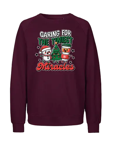 Caring for the Tiniest Miracles - christmas, snowman, coffee cup, christmas tree, festive, holiday, cheerful, stars, decoration, miracles - Fairtrade Sweatshirt