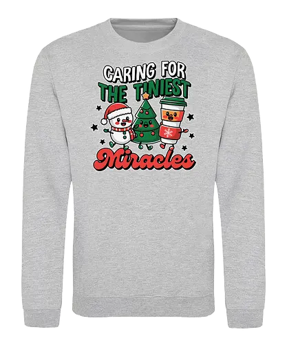 Caring for the Tiniest Miracles - christmas, snowman, coffee cup, christmas tree, festive, holiday, cheerful, stars, decoration, miracles - Sweatshirt