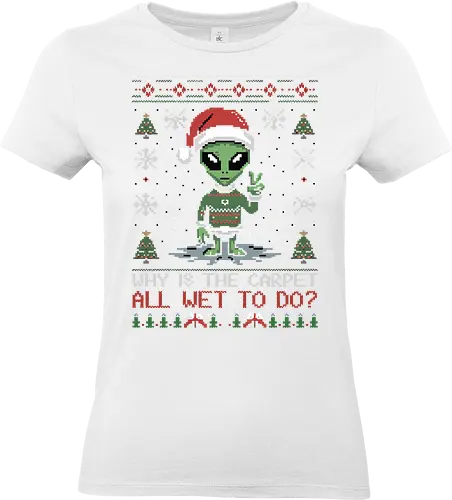 Why is the carpet all wet? - alien, santa hat, holiday, christmas, sweater, snowflakes, humor, festive, design, christmas trees - Standard T-Shirt (Women)