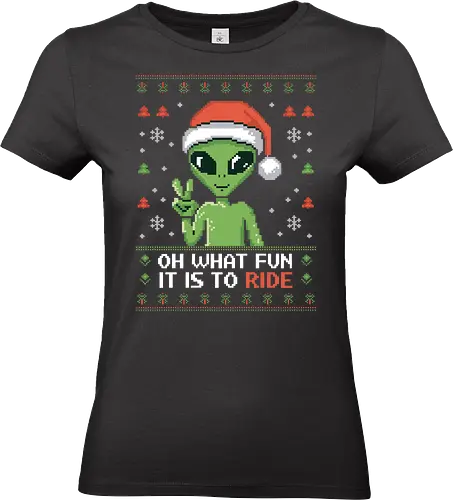 Oh what fun it is to ride - alien, christmas, santa hat, pixel art, peace sign, snowflakes, festive, holiday, green - Standard T-Shirt (Women)