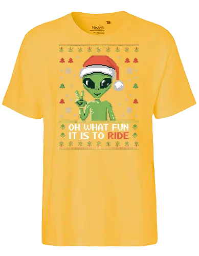 Oh what fun it is to ride - alien, christmas, santa hat, pixel art, peace sign, snowflakes, festive, holiday, green - Fairtrade T-Shirt