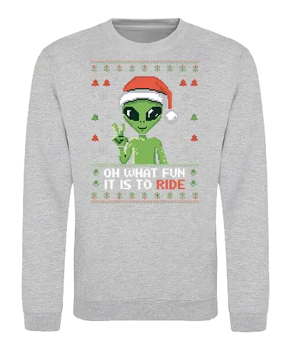Oh what fun it is to ride - alien, christmas, santa hat, pixel art, peace sign, snowflakes, festive, holiday, green - Sweatshirt