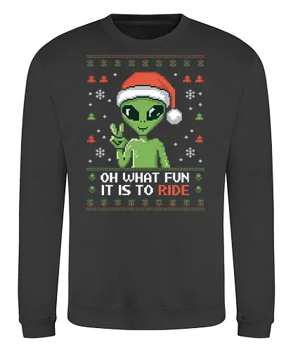 Oh what fun it is to ride - alien, christmas, santa hat, pixel art, peace sign, snowflakes, festive, holiday, green - Sweatshirt