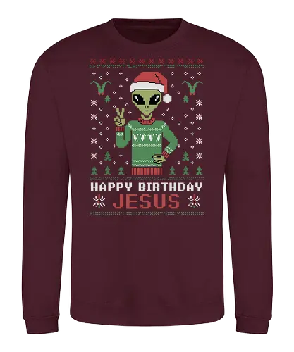 Happy Birthday Jesus - alien, santa hat, christmas, sweater, pixel art, festive, holiday, green, jesus, greeting - Sweatshirt