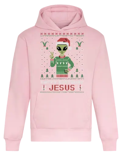 Happy Birthday Jesus - alien, santa hat, christmas, sweater, pixel art, festive, holiday, green, jesus, greeting - Heavyweight Hoodie