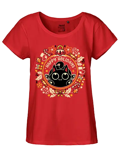 Gifts And Paws - Christmas Black Cat - merry xmas, gifts, gingerbread, festive, happy holidays, winter season, cute, kitten, kitty, christmas presents, black cat, funny, christmas - Fairtrade Girl Shirt