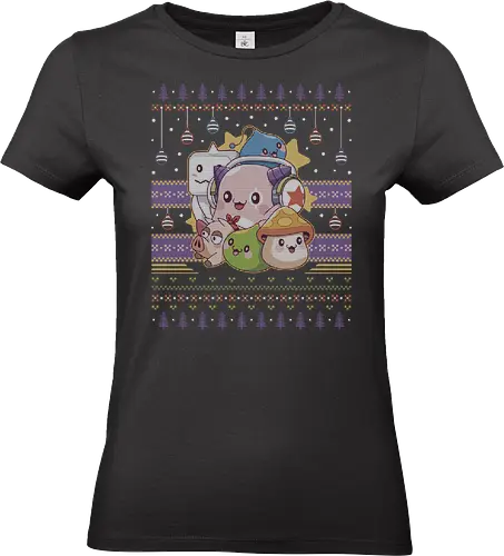 Maple World Ugly Sweater - christmas, xmas, ugly christmas sweater, pink bean, slime, yeti, mushroom, kawaii, anime, chibi, nostalgia, video game, gaming, gamer, zakum helm, maple, story, black mage - Standard T-Shirt (Women)