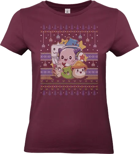 Maple World Ugly Sweater - christmas, xmas, ugly christmas sweater, pink bean, slime, yeti, mushroom, kawaii, anime, chibi, nostalgia, video game, gaming, gamer, zakum helm, maple, story, black mage - Standard T-Shirt (Women)