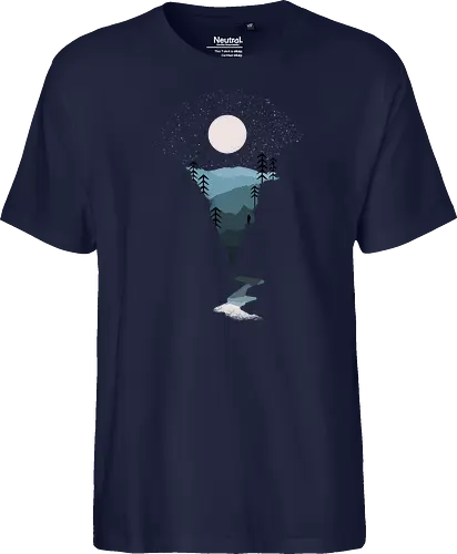 Exploring Nightfall - nature, national parks, great outdoors, moonlight, moon, night sky, beauty, outdoors, exploring, wonder, explorer, adventure, layered, mountains, rivers, silhouette, forests, scenic, vista, woods, trees, tree line - Fairtrade T-Shirt