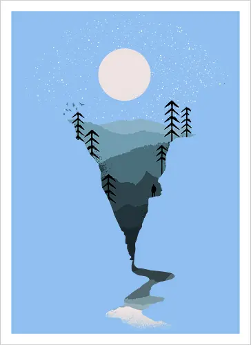 Exploring Nightfall - nature, national parks, great outdoors, moonlight, moon, night sky, beauty, outdoors, exploring, wonder, explorer, adventure, layered, mountains, rivers, silhouette, forests, scenic, vista, woods, trees, tree line - Artprint