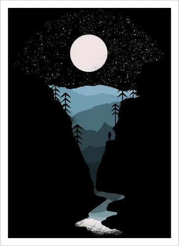 Exploring Nightfall - nature, national parks, great outdoors, moonlight, moon, night sky, beauty, outdoors, exploring, wonder, explorer, adventure, layered, mountains, rivers, silhouette, forests, scenic, vista, woods, trees, tree line - Artprint