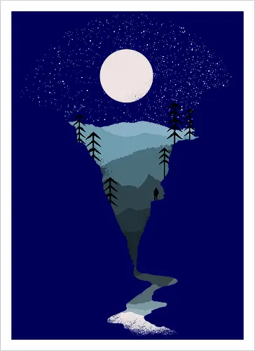 Exploring Nightfall - nature, national parks, great outdoors, moonlight, moon, night sky, beauty, outdoors, exploring, wonder, explorer, adventure, layered, mountains, rivers, silhouette, forests, scenic, vista, woods, trees, tree line - Artprint