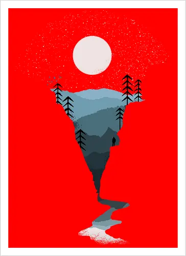 Exploring Nightfall - nature, national parks, great outdoors, moonlight, moon, night sky, beauty, outdoors, exploring, wonder, explorer, adventure, layered, mountains, rivers, silhouette, forests, scenic, vista, woods, trees, tree line - Artprint
