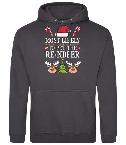 Most likely to pet the reindeer - holiday, christmas, santa hat, candy canes, reindeer, festive, humor, playful, winter, cheerful - Standard Hoodie