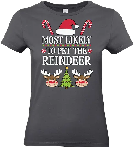 Most likely to pet the reindeer - holiday, christmas, santa hat, candy canes, reindeer, festive, humor, playful, winter, cheerful - Standard T-Shirt (Women)