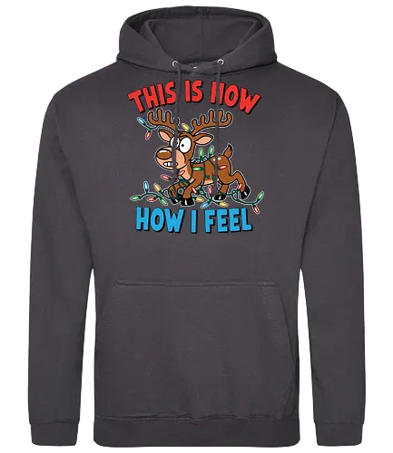 THIS IS HOW HOW I FEEL - reindeer, christmas lights, cartoon, tangled, humorous, colorful, festive, holiday - Standard Hoodie