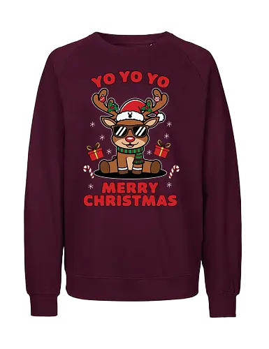 YO YO YO and MERRY CHRISTMAS - reindeer, christmas, santa hat, sunglasses, festive, gifts, candy canes, holiday, playful, red text - Fairtrade Sweatshirt