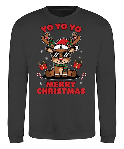 YO YO YO and MERRY CHRISTMAS - reindeer, christmas, santa hat, sunglasses, festive, gifts, candy canes, holiday, playful, red text - Sweatshirt