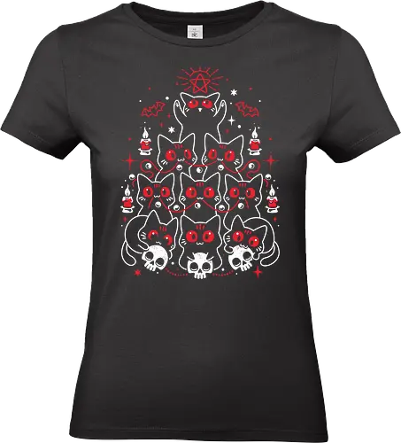 Gothic Christmas Kittens - black cats, christmas tree, cute kawaii, evil, gothic, dark art, happy holidays, merry xmas, skulls, meow, spooky, scary - Standard T-Shirt (Women)